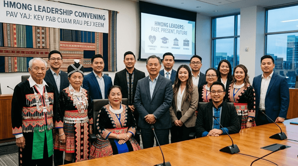 Hmong leaders gathered in council, elders and professionals together